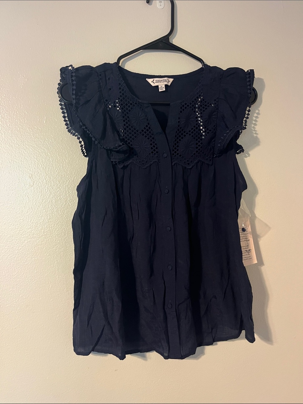 Sanctuary Navy Eyelet Flutter Sleeve Button-Up Blouse
